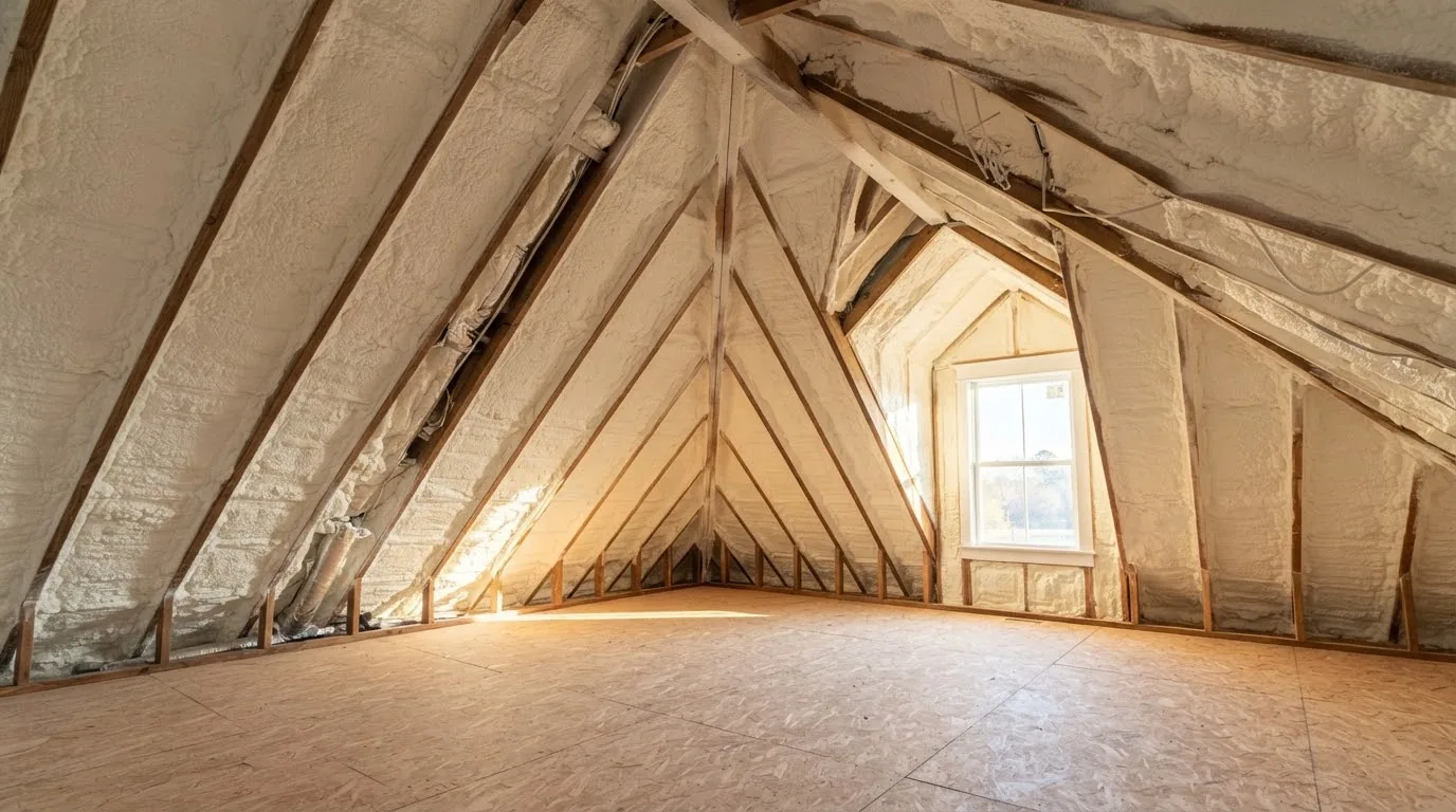 Foam-insulated attic gable wall with a small window
