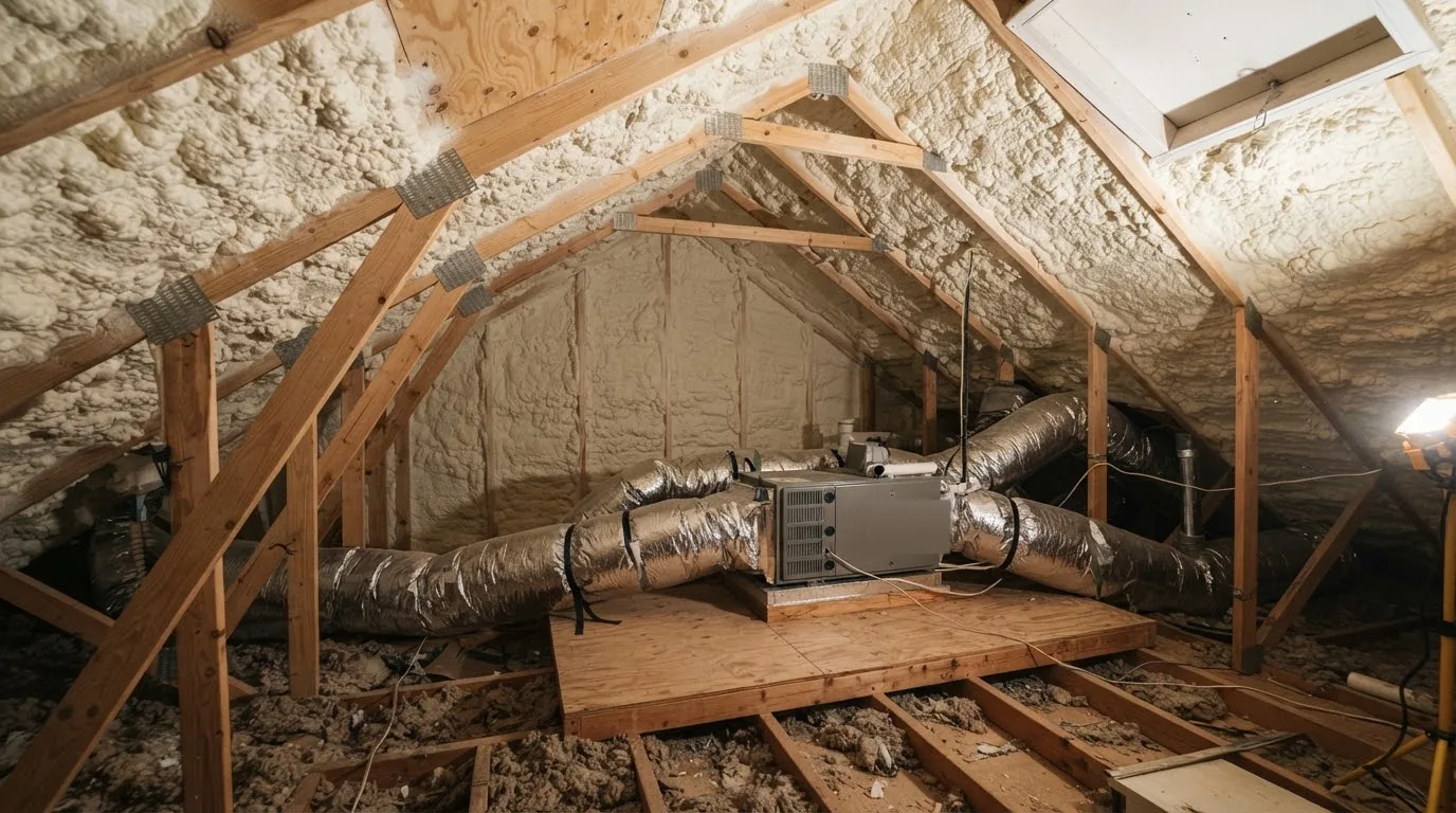 Spray foam sealing the underside of an attic roof deck around the air handler