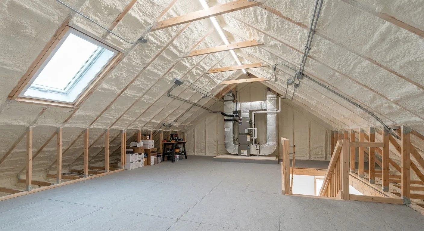 Attic roof deck sealed with spray foam insulation