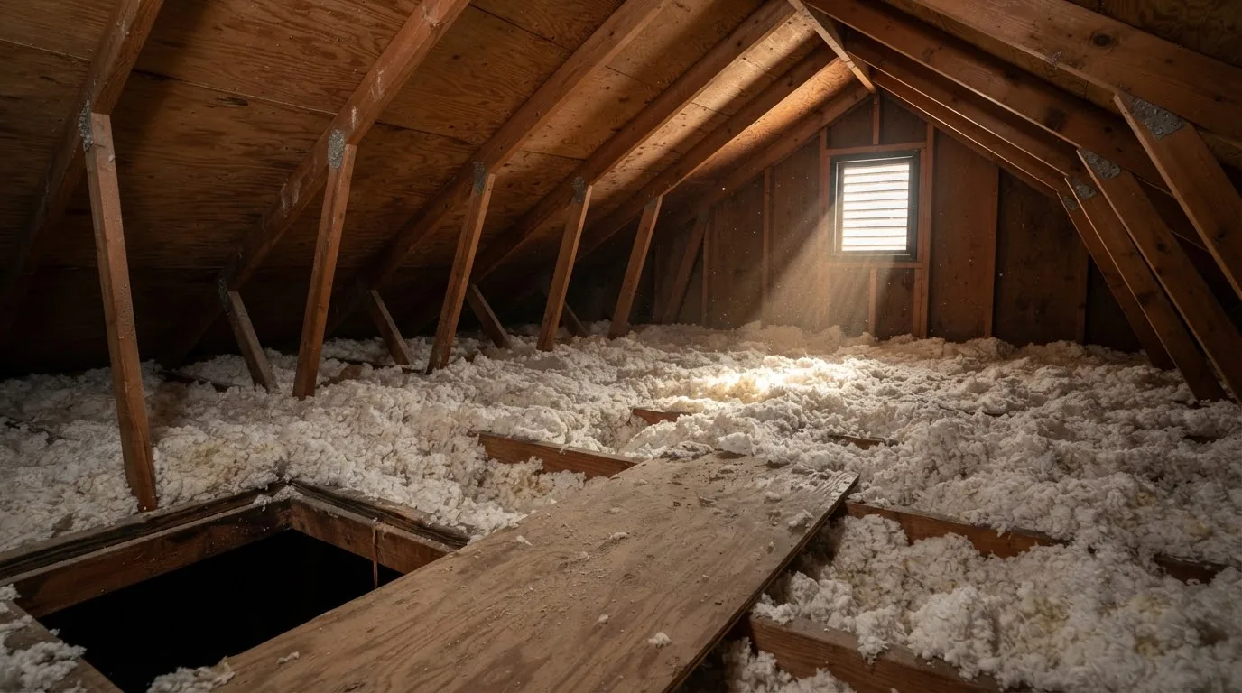 Blown-in fiberglass insulation across an attic floor
