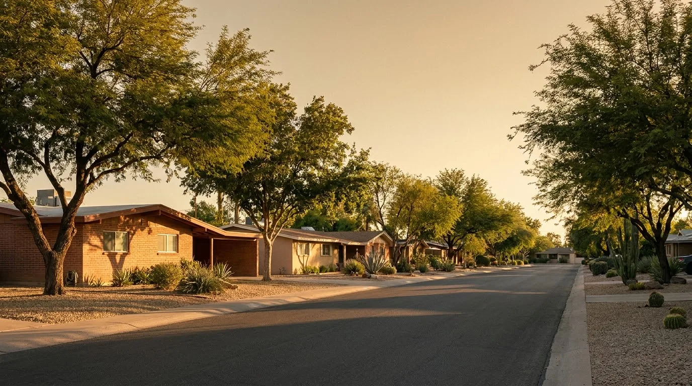 Tree-lined street of single-story ranch homes in Tempe