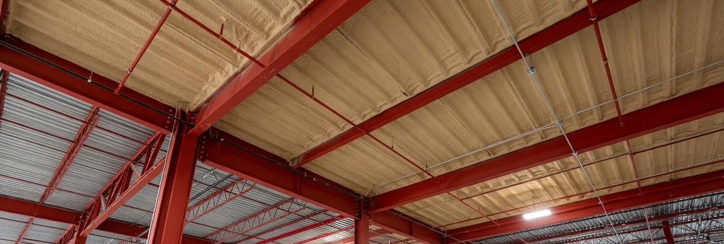 Closed-cell spray foam insulating the walls and roof deck of a steel building