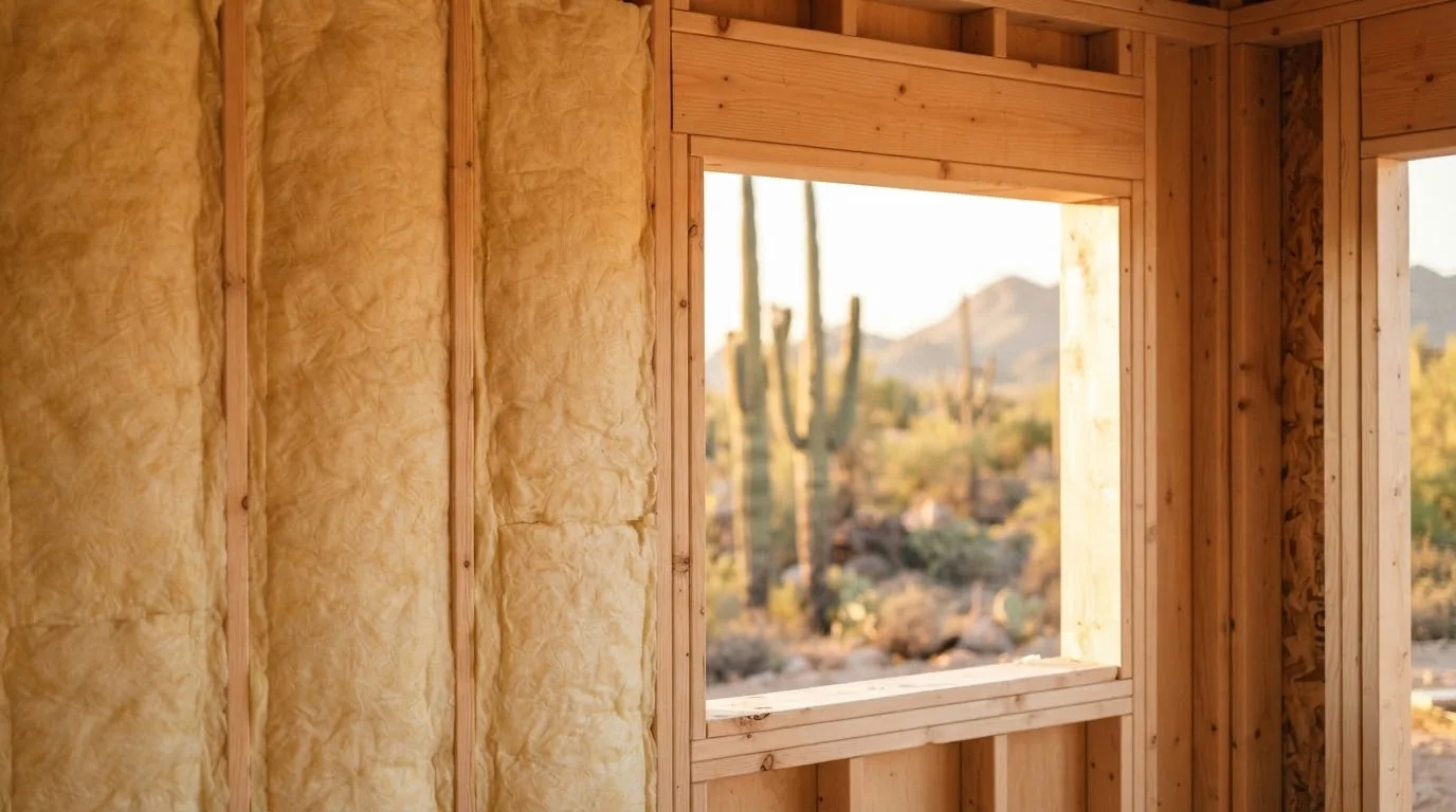 Fiberglass batts around a window framed toward the desert