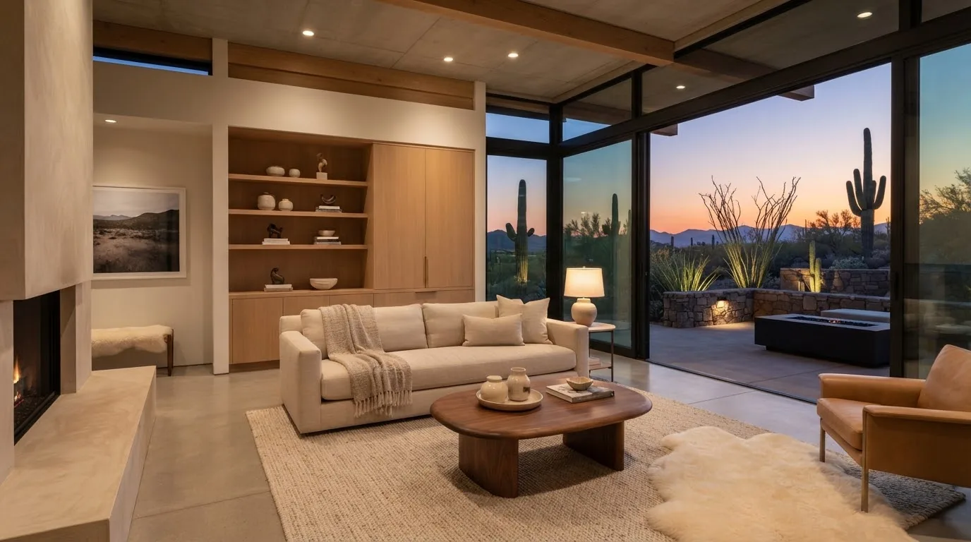 A cool, quiet living room at dusk in an Arizona home
