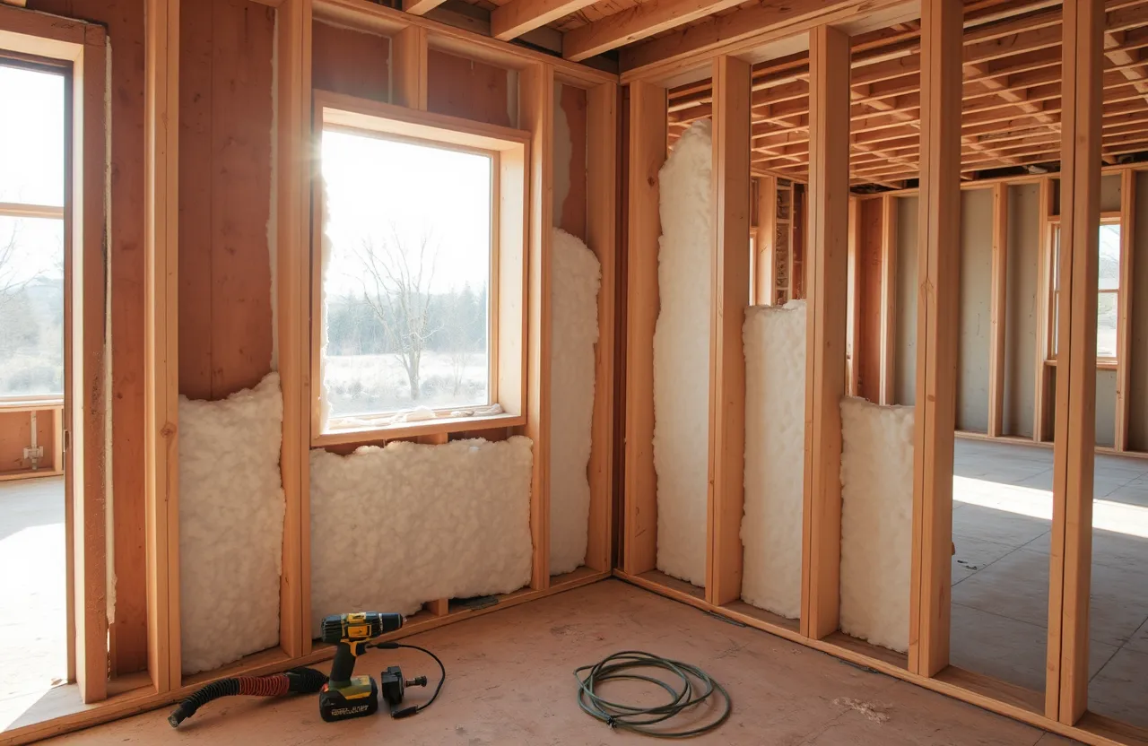 Freshly installed open-cell spray foam between the wood studs of a new home under construction, with a drill and spray hose on the subfloor