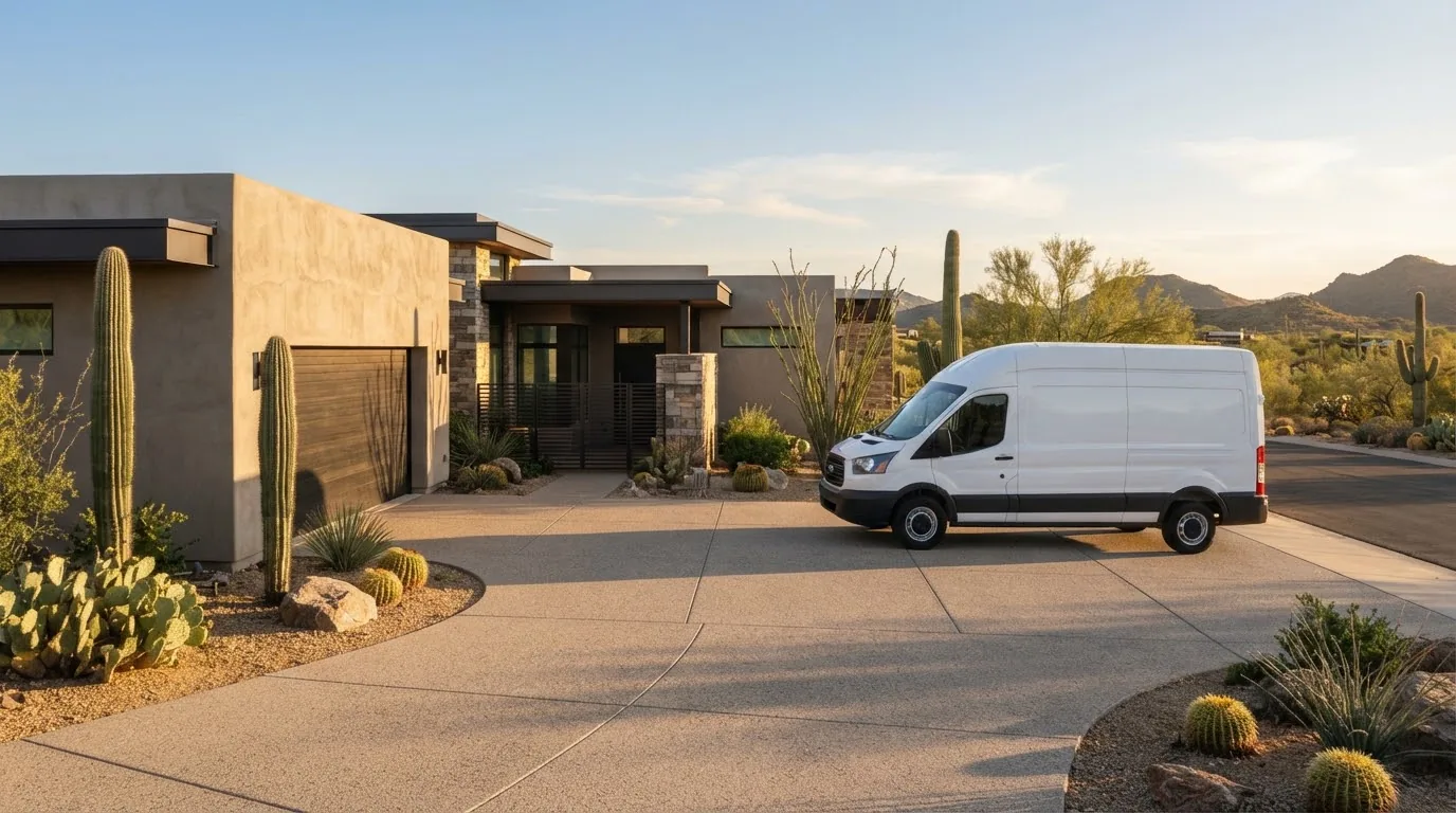 Work van parked in an Arizona driveway on a job day